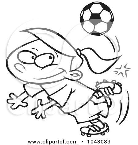 Royalty-Free (RF) Clip Art Illustration of a Cartoon Black And White Outline Design Of A Soccer Girl Doing A Kick Trick by toonaday