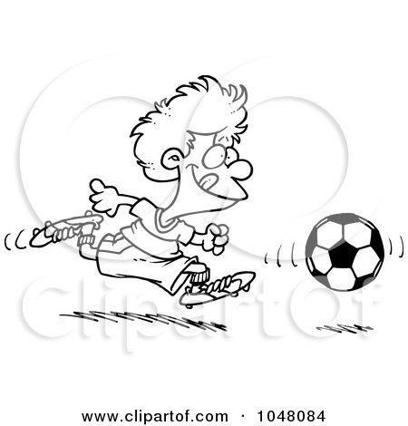 Royalty-Free (RF) Clip Art Illustration of a Cartoon Black And White Outline Design Of A Boy Running After A Soccer Ball by toonaday