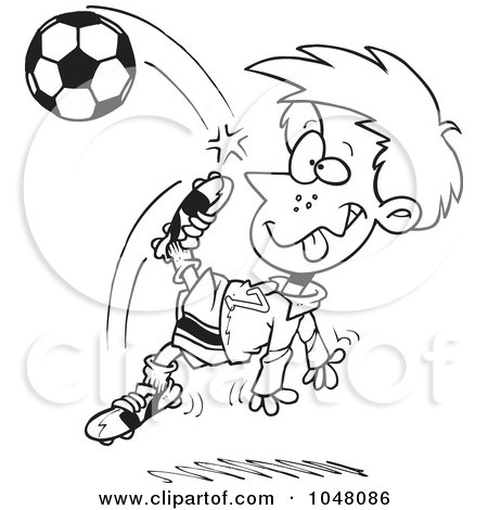 Royalty-Free (RF) Clip Art Illustration of a Cartoon Black And White Outline Design Of A Boy Doing A Soccer Kick by toonaday