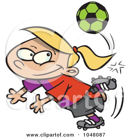 Royalty-Free (RF) Clip Art Illustration of a Cartoon Soccer Girl Doing A Kick Trick by toonaday