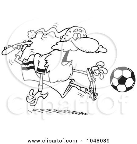 Royalty-Free (RF) Clip Art Illustration of a Cartoon Black And White Outline Design Of Santa Playing Soccer by toonaday