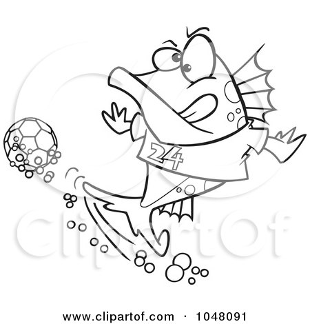 Royalty-Free (RF) Clip Art Illustration of a Cartoon Black And White Outline Design Of A Fish Playing Soccer by toonaday