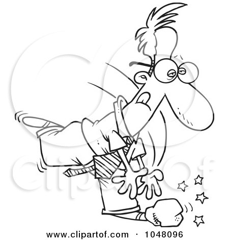 Royalty-Free (RF) Clip Art Illustration of a Cartoon Black And White Outline Design Of A Rock On A Mans Foot by toonaday