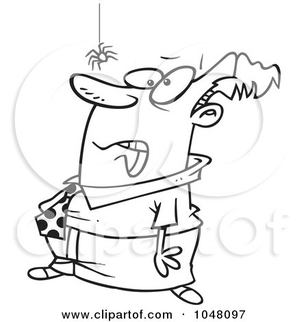 Royalty-Free (RF) Clip Art Illustration of a Cartoon Black And White Outline Design Of A Scared Man Watching A Spider by toonaday