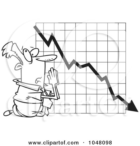 Royalty-Free (RF) Clip Art Illustration of a Cartoon Black And White Outline Design Of A Businessman Praying By A Failing Chart by toonaday