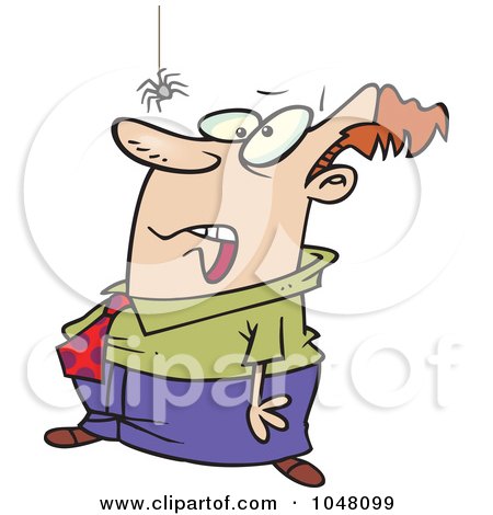 Royalty-Free (RF) Clip Art Illustration of a Cartoon Scared Man Watching A Spider by toonaday