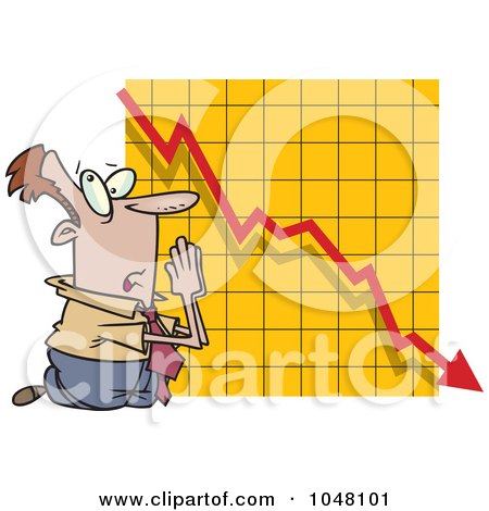 Royalty-Free (RF) Clip Art Illustration of a Cartoon Businessman Praying By A Failing Chart by toonaday