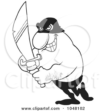 Royalty-Free (RF) Clip Art Illustration of a Cartoon Black And White Outline Design Of An Evil Man Holding A Sword by toonaday