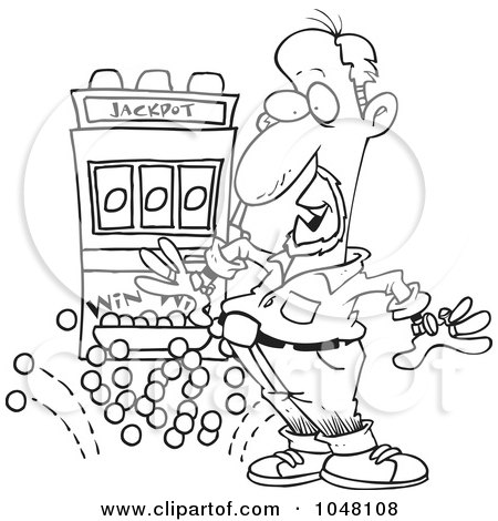 Royalty-Free (RF) Clip Art Illustration of a Cartoon Black And White Outline Design Of A Man Winning A Jackpot by toonaday