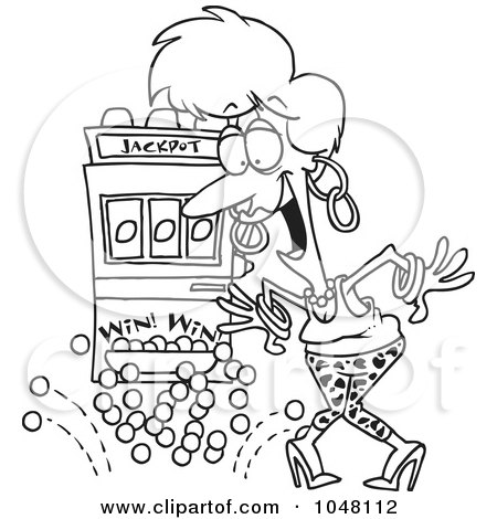 Royalty-Free (RF) Clip Art Illustration of a Cartoon Black And White Outline Design Of A Woman Winning The Jackpot by toonaday