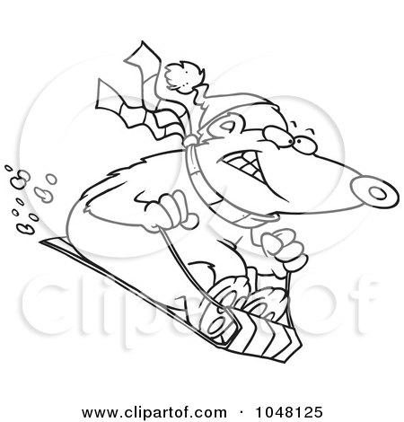 Royalty-Free (RF) Clip Art Illustration of a Cartoon Black And White Outline Design Of A Sledding Bear by toonaday