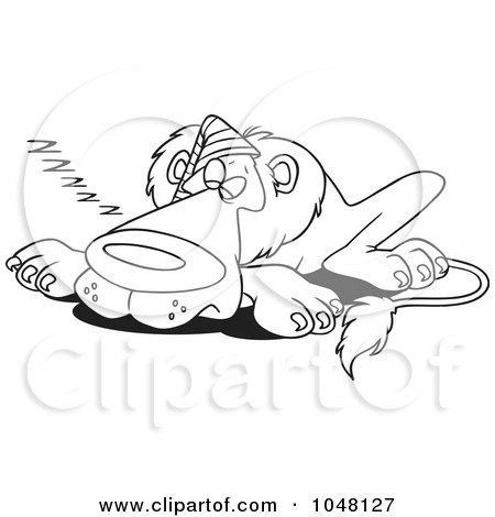 Royalty-Free (RF) Clip Art Illustration of a Cartoon Black And White Outline Design Of A Sleeping Lion Wearing A Cap by toonaday