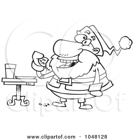 Royalty-Free (RF) Clip Art Illustration of a Cartoon Black And White Outline Design Of Santa Eating Cookies by toonaday