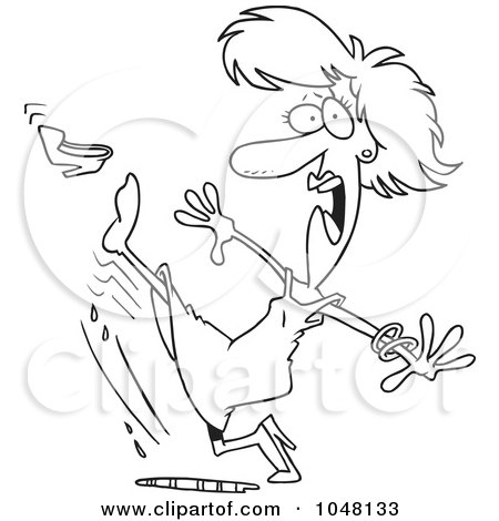 Royalty-Free (RF) Clip Art Illustration of a Cartoon Black And White Outline Design Of A Woman Slipping In A Puddle by toonaday