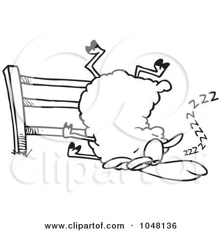 Royalty-Free (RF) Clip Art Illustration of a Cartoon Black And White Outline Design Of A Sleepy Sheep By A Fence by toonaday