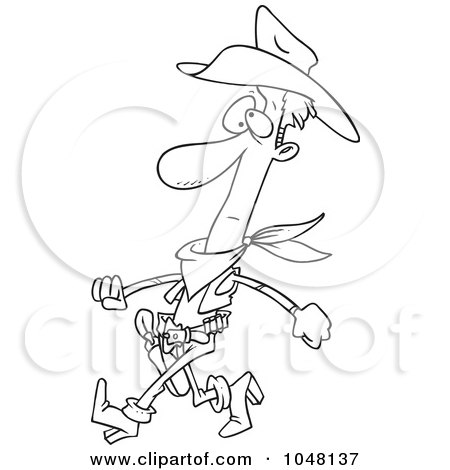 Royalty-Free (RF) Clip Art Illustration of a Cartoon Black And White Outline Design Of A Slim Cowboy by toonaday