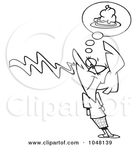 Royalty-Free (RF) Clip Art Illustration of a Cartoon Black And White Outline Design Of A Woman Smelling Pie by toonaday