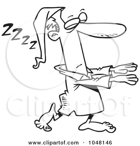 Royalty-Free (RF) Clip Art Illustration of a Cartoon Black And White Outline Design Of A Guy Sleep Walking by toonaday