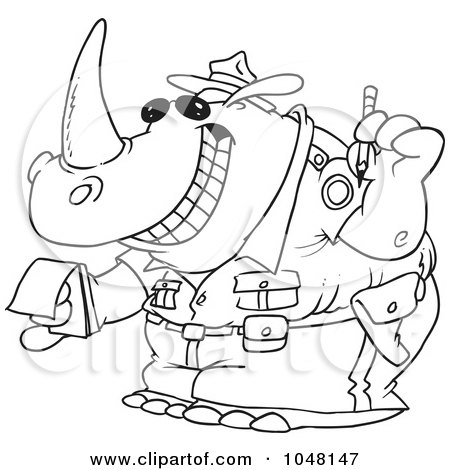 Royalty-Free (RF) Clip Art Illustration of a Cartoon Black And White Outline Design Of A Police Rhino Issuing A Ticket by toonaday