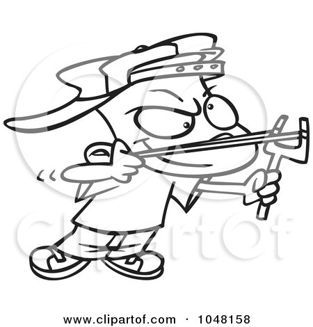 Royalty-Free (RF) Clip Art Illustration of a Cartoon Black And White Outline Design Of A Slingshot Boy by toonaday