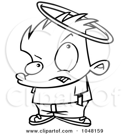 Royalty-Free (RF) Clip Art Illustration of a Cartoon Black And White Outline Design Of A Boy With A Slipping Halo by toonaday