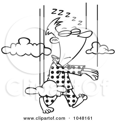 Royalty-Free (RF) Clip Art Illustration of a Cartoon Black And White Outline Design Of A Man Falling While Sleep Walking by toonaday