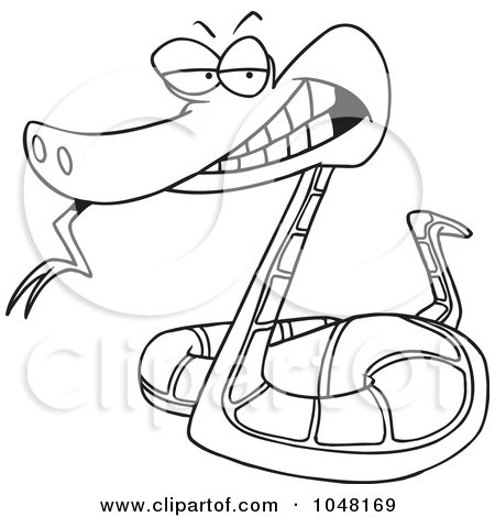 Royalty-Free (RF) Clip Art Illustration of a Cartoon Black And White Outline Design Of An Evil Snake by toonaday