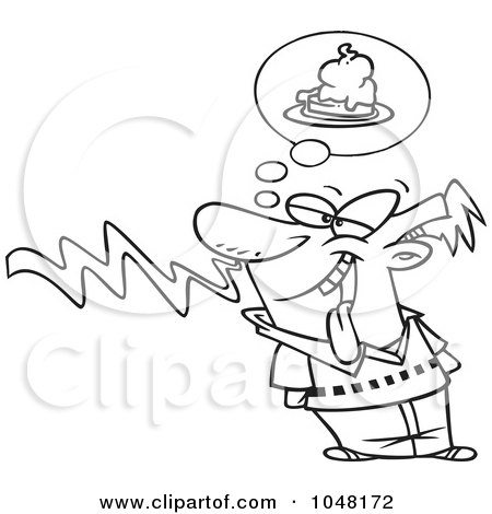 Royalty-Free (RF) Clip Art Illustration of a Cartoon Black And White Outline Design Of A Guy Smelling Pie by toonaday