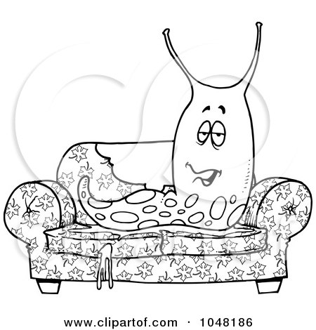 Royalty-Free (RF) Clip Art Illustration of a Cartoon Black And White Outline Design Of A Slimy Slug On A Sofa by toonaday
