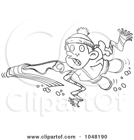 Royalty-Free (RF) Clip Art Illustration of a Cartoon Black And White Outline Design Of A Winter Boy Falling Off His Sled by toonaday