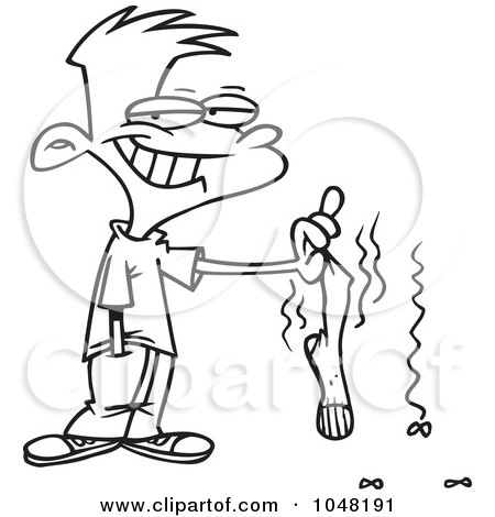 Royalty-Free (RF) Clip Art Illustration of a Cartoon Black And White Outline Design Of A Boy Holding A Smelly Sock by toonaday