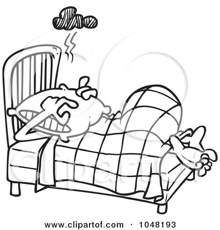 Royalty-Free (RF) Clip Art Illustration of a Cartoon Black And White Outline Design Of A Man Covering His Head With A Pillow by toonaday
