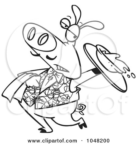 Royalty-Free (RF) Clip Art Illustration of a Cartoon Black And White Outline Design Of A Waiter Pig Spilling Slop by toonaday