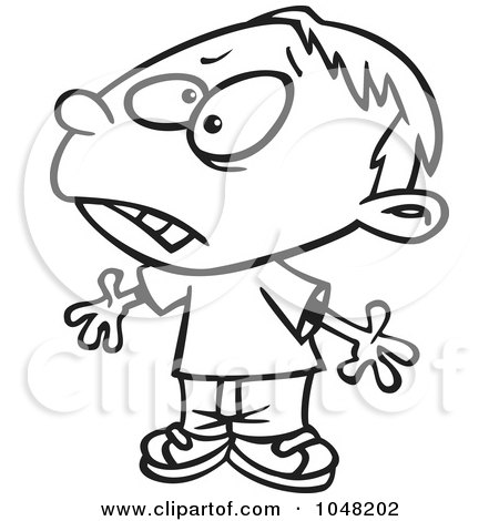 Royalty-Free (RF) Clip Art Illustration of a Cartoon Black And White Outline Design Of An Upset Boy by toonaday