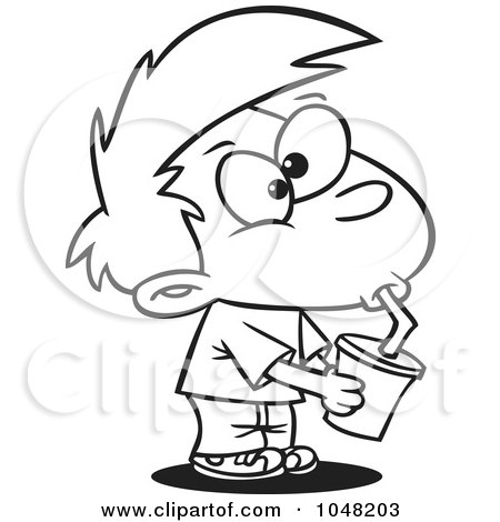 Royalty-Free (RF) Clip Art Illustration of a Cartoon Black And White Outline Design Of A Boy Drinking Soda by toonaday