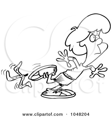 Royalty-Free (RF) Clip Art Illustration of a Cartoon Black And White Outline Design Of A Woman Slipping On A Banana Peel by toonaday