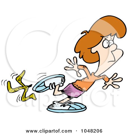 Royalty-Free (RF) Clip Art Illustration of a Cartoon Woman Slipping On A Banana Peel by toonaday