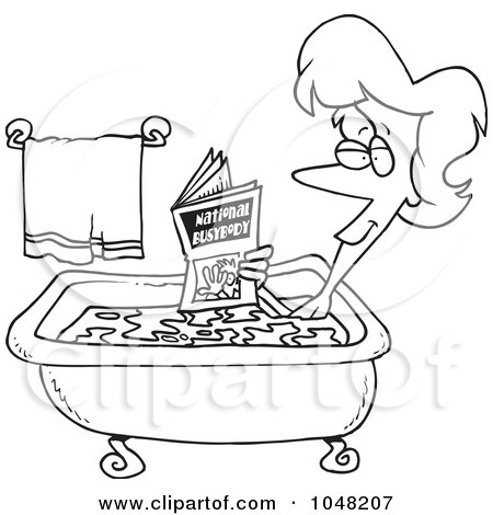Royalty-Free (RF) Clip Art Illustration of a Cartoon Black And White Outline Design Of A Woman Reading In The Bath Tub by toonaday