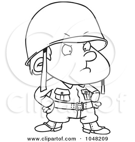 Royalty-Free (RF) Clip Art Illustration of a Cartoon Black And White Outline Design Of A Strict Soldier Boy by toonaday