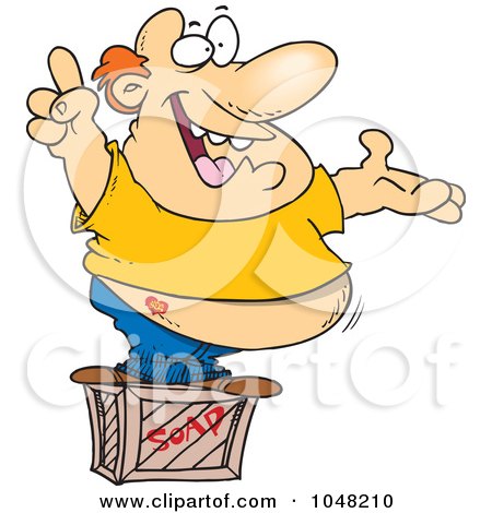 Royalty-Free (RF) Clip Art Illustration of a Cartoon Man Announcing On A Soap Box by toonaday