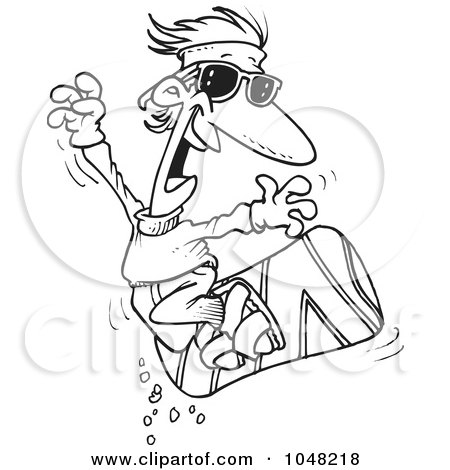 Royalty-Free (RF) Clip Art Illustration of a Cartoon Black And White Outline Design Of A Snowboarder by toonaday