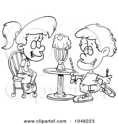 Royalty-Free (RF) Clip Art Illustration of a Cartoon Black And White Outline Design Of A Boy And Girl Sharing A Milkshake by toonaday