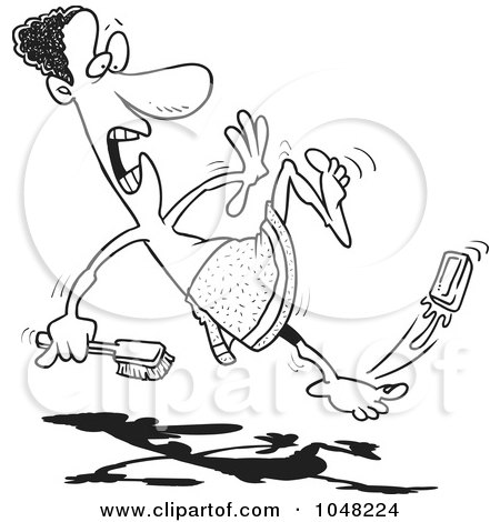 Royalty-Free (RF) Clip Art Illustration of a Cartoon Black And White Outline Design Of A Black Man Slipping On Soap by toonaday