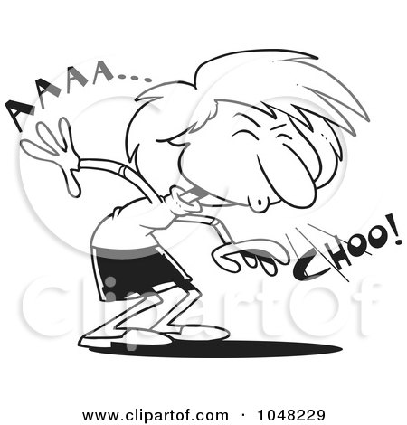 Royalty-Free (RF) Clip Art Illustration of a Cartoon Black And White Outline Design Of A Businesswoman Sneezing by toonaday