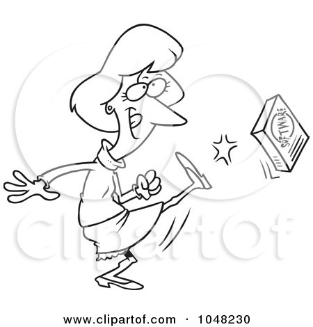 Royalty-Free (RF) Clip Art Illustration of a Cartoon Black And White Outline Design Of A Woman Kicking Software by toonaday