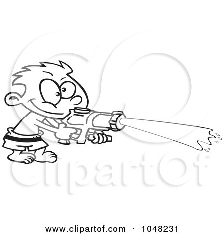 Royalty-Free (RF) Clip Art Illustration of a Cartoon Black And White Outline Design Of A Boy Spraying A Soaker Gun by toonaday