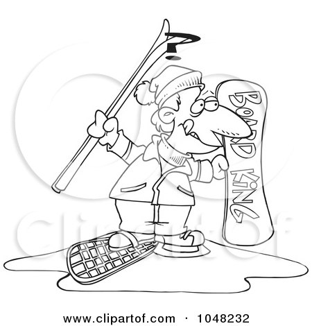 Royalty-Free (RF) Clip Art Illustration of a Cartoon Black And White Outline Design Of A Snow Sport Guy by toonaday
