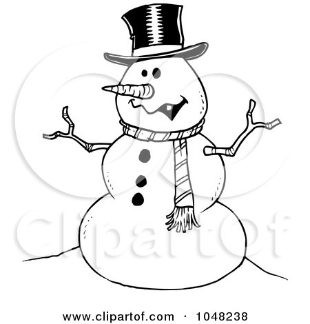 Royalty-Free (RF) Clip Art Illustration of a Cartoon Black And White Outline Design Of A Friendly Snowman by toonaday