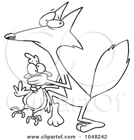 Royalty-Free (RF) Clip Art Illustration of a Cartoon Black And White Outline Design Of A Fox Stealing A Chicken by toonaday