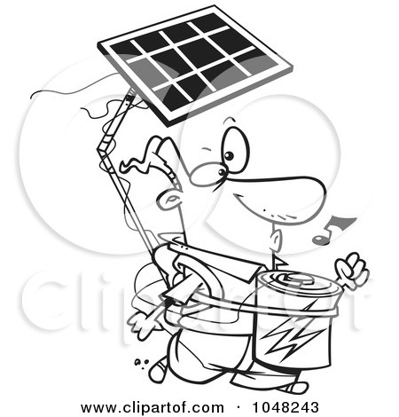 Royalty-Free (RF) Clip Art Illustration of a Cartoon Black And White Outline Design Of A Solar Power Guy by toonaday